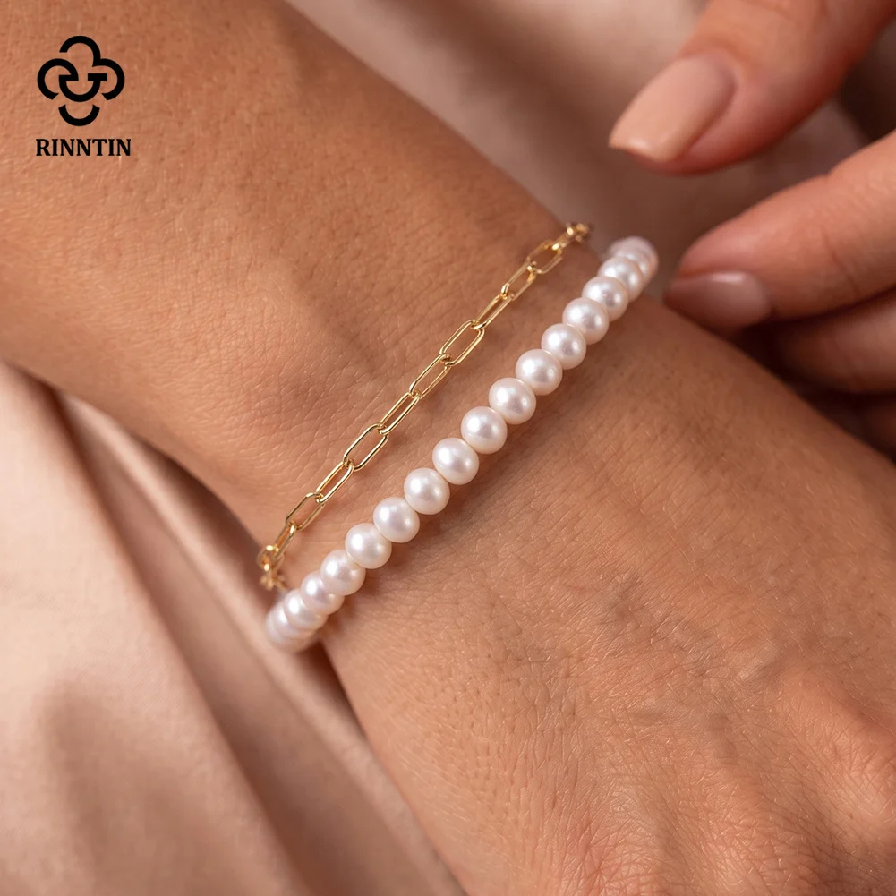 

Rinntin 925 Sterling Silver Double Layer Chain Bracelet with Freshwater Round Pearls Engagement Jewelry Accessories GPB66