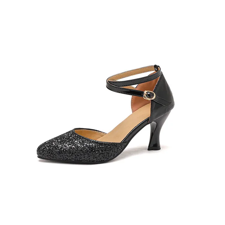 Zapatos cómodos para mujer, Sandalias de tacón Beige, talla grande, terciopelo puntiagudo bajo negro, correa de hebilla alta, tela aterciopelada informal