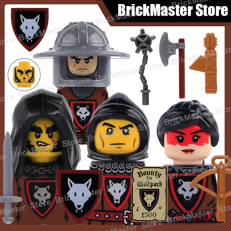 MOC – figurines de soldats de loup militaire médiéval, blocs de construction, château d'infanterie, guerrier, épée, bouclier, cape, briques, jouet, cadeaux
