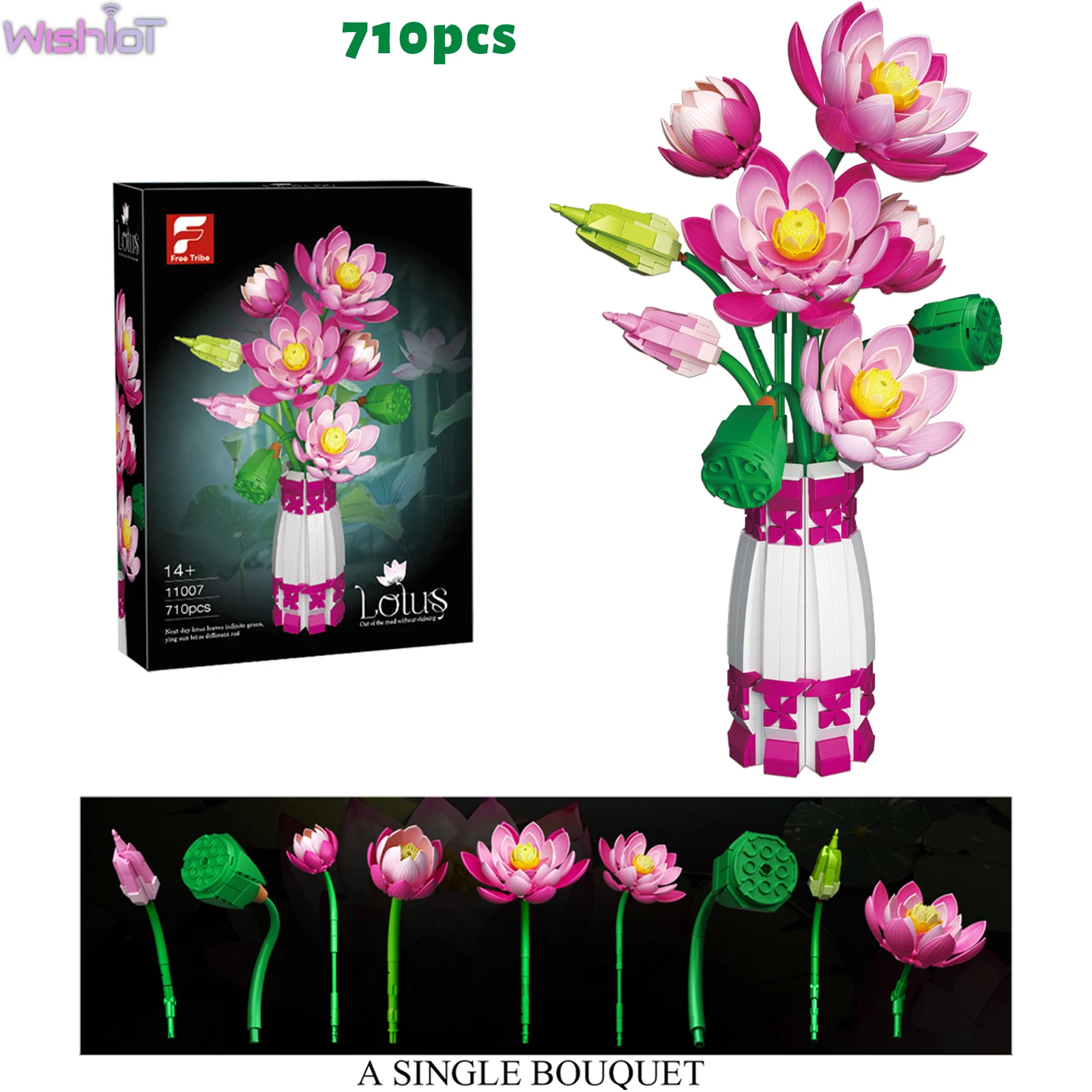 

710 шт. лотос с вазой, строительные блоки, имитация цветов лотоса, листья, стручки, букет, горшечные растения, домашний декор, игрушки для девочек, подарки