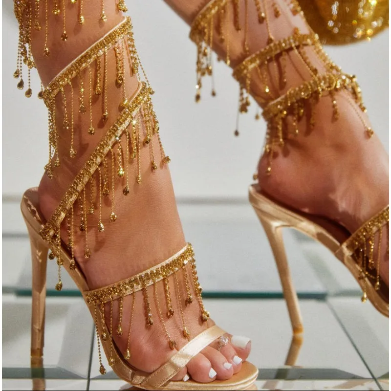 

Elegant Women Wedding Banquet Shoes Fashion Crystal Tassel Twining Stiletto Sandals Sexy Open Toe Stripper Heels Golden
