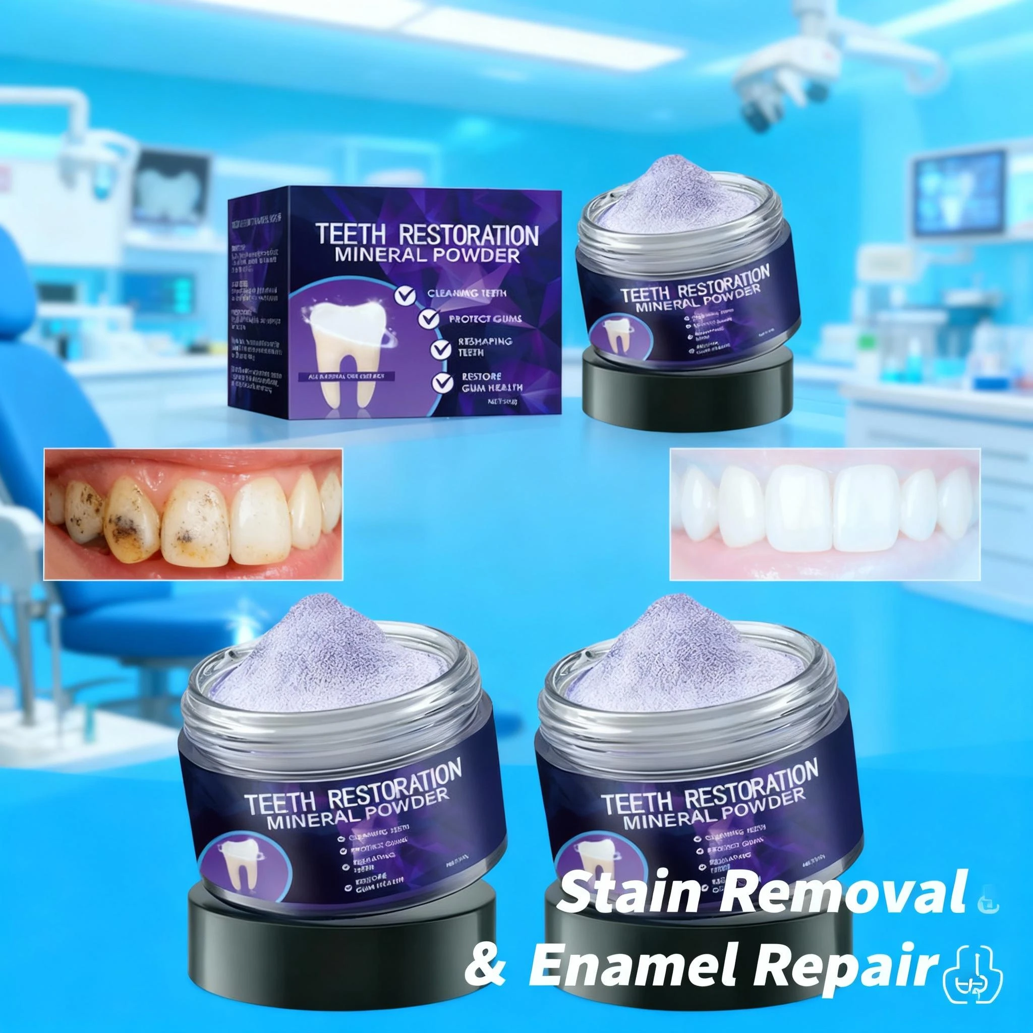 3PCS Teeth Whitening Powder Remove Stain Repair Enamel Mint Tooth Powder For Sensitive Teeth & Gum Care Hydroxyapatite  Powder