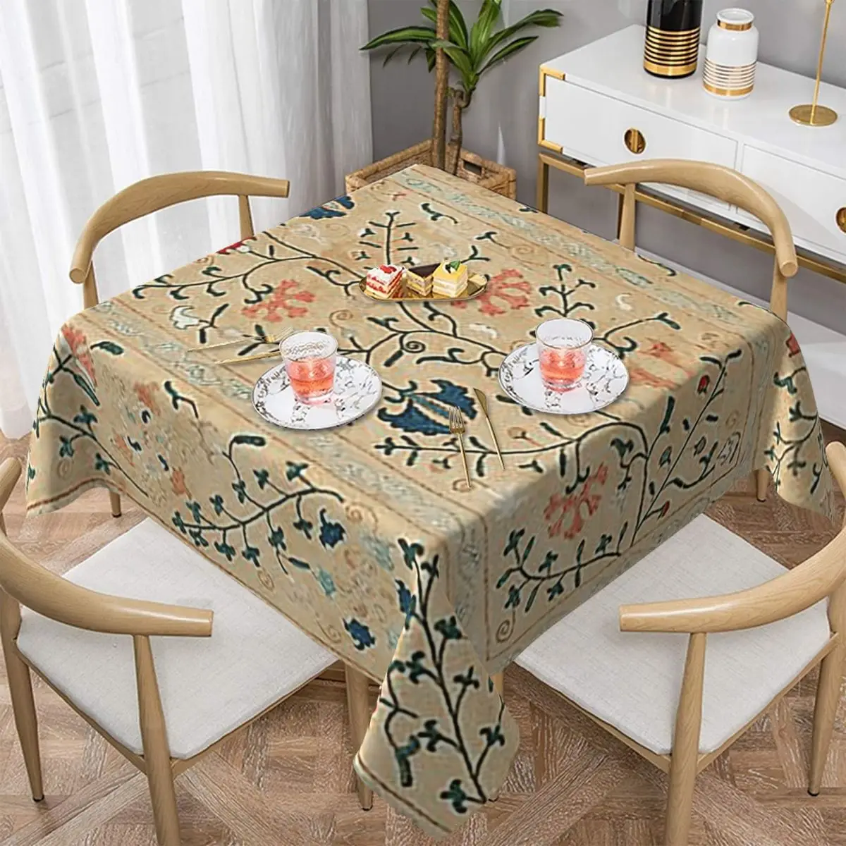 Toalha de Mesa Quadrada Impermeável com Bordado Suzani do Uzbequistão, Toalha de Mesa à Prova de Óleo para Eventos na Cozinha e Cobertura de Mesa de Jantar