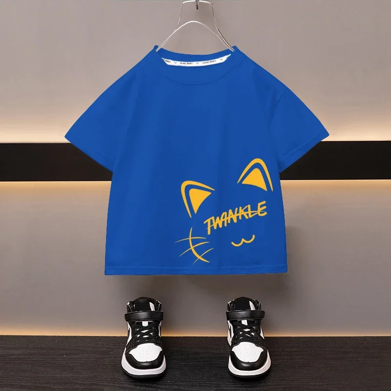 100% Cotton Children\'s T-shirt Boys Round Neck Black Tees Japan Cartoon Cute Cat Girl\'s Top High Quality Printed Clothing 2024