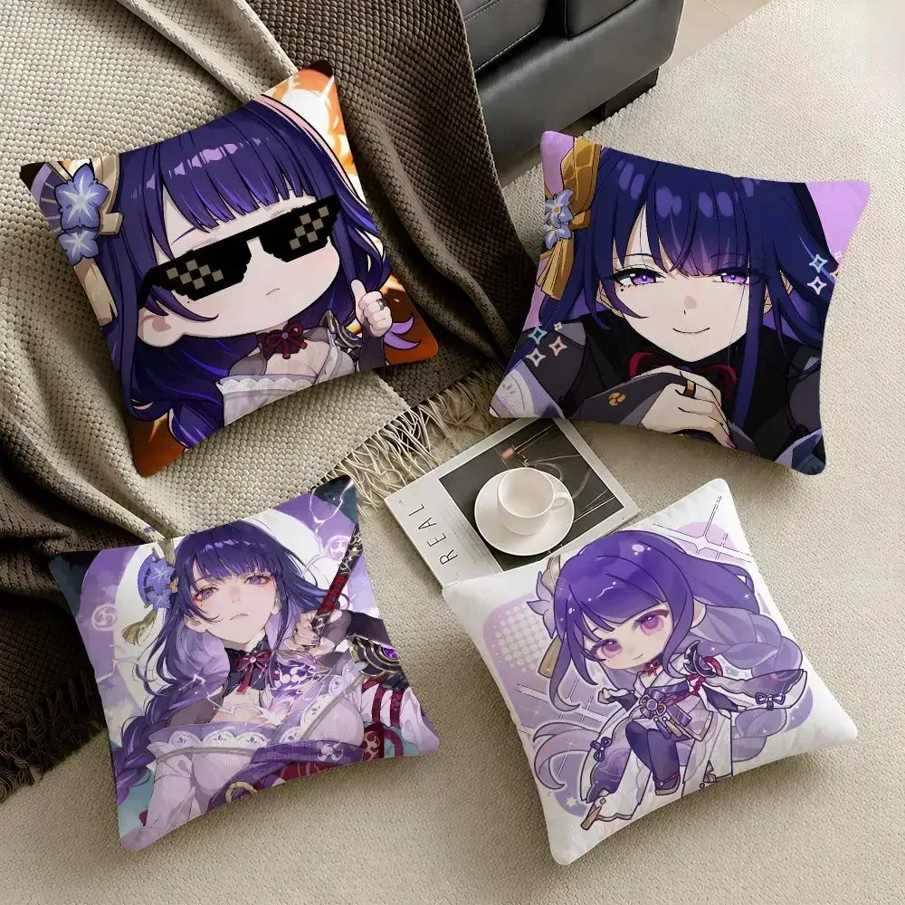 Gaming Genshin Impact Raiden Shogun Chibi Cushion Cover Throw Pillow Soft Short Plush Durable Colorfast Sofa Bedroom Home Decor