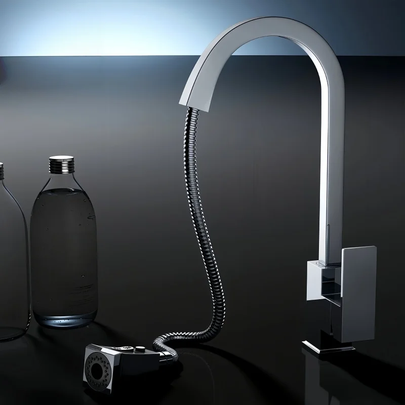 Kitchen Faucet Pull-Out Sink Faucet Hot and Cold Water Faucet Oatmeal Color Rotatable Square