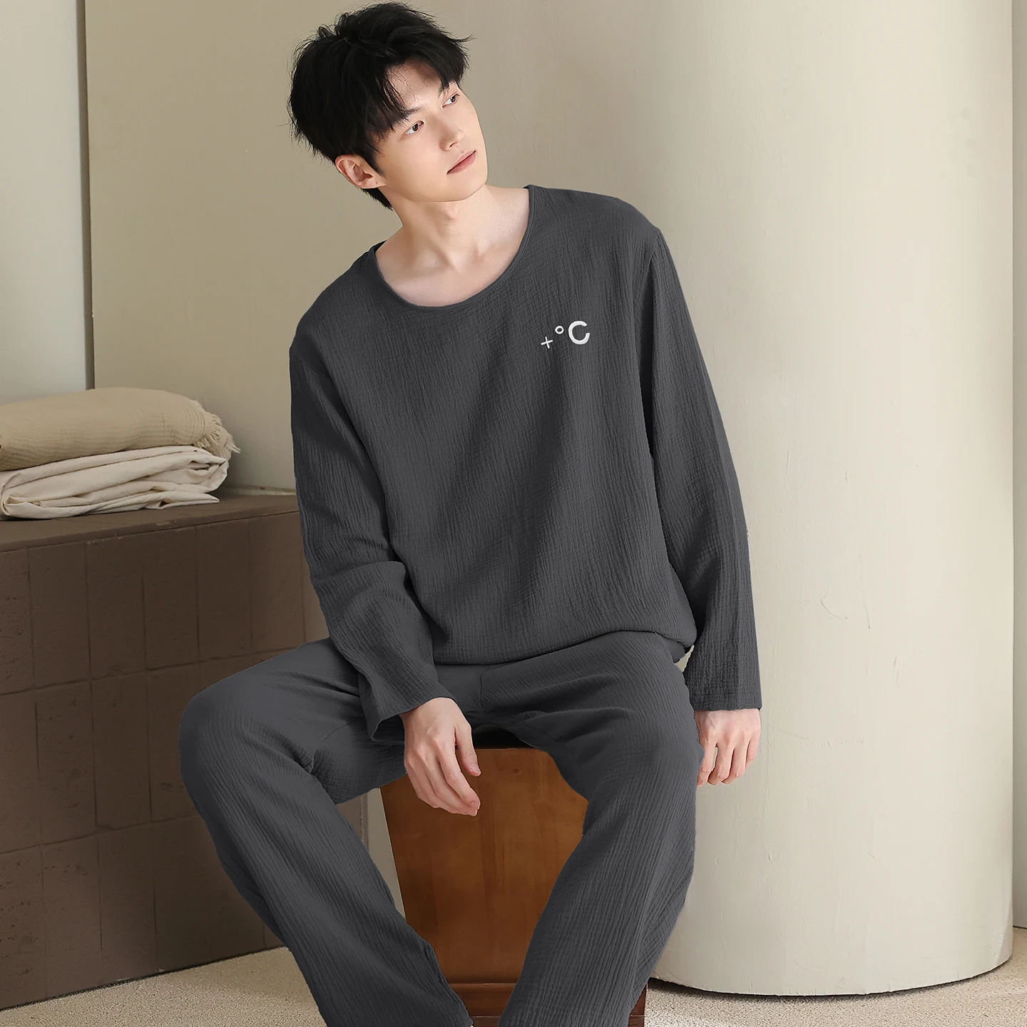 Men Full Pure Cotton Pajamas Spring Autumn Solid Pajama Sets Sleepwear Long Sleeve Tops+Long Pants Pajamas Home Clothing Pyjamas
