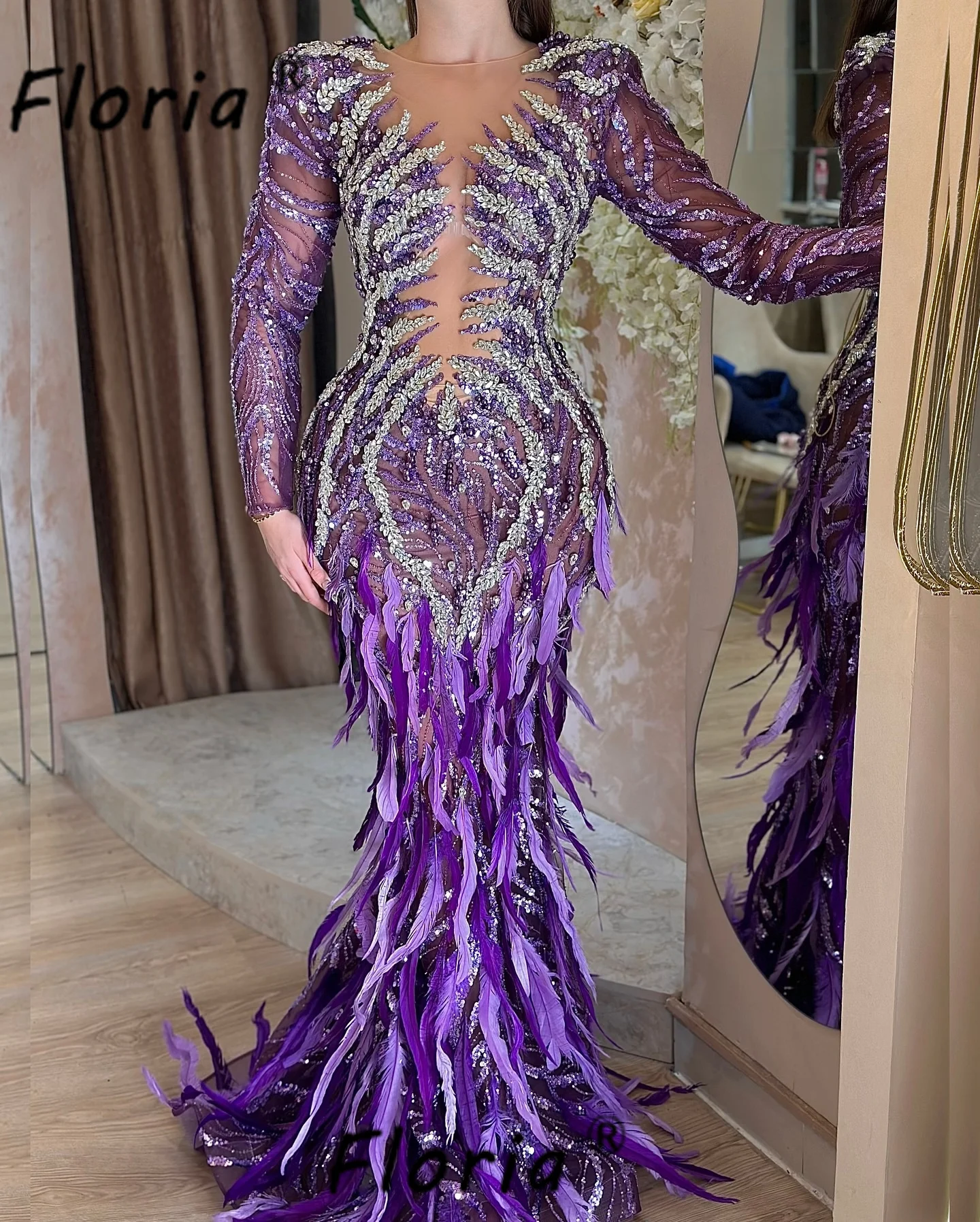 Heavy Beads Mermaid Prom Dress Full Crystal Feather Long Sleeves Dubai Wedding Engagement Gown Vestidos de fiesta Customized