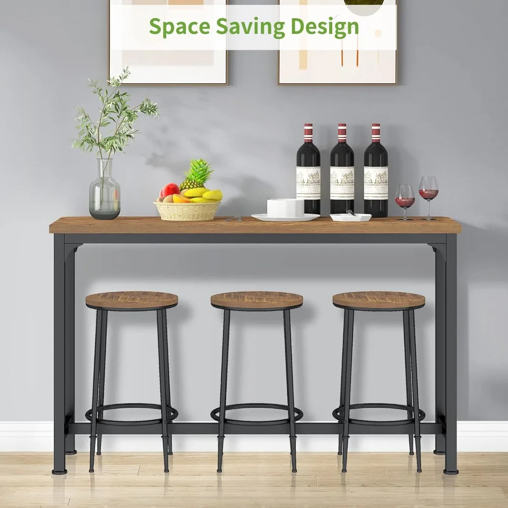 4 Piece Bar Table Set with 3 Stools, Counter Height Console Table for Living Room, Apartment (Brown)