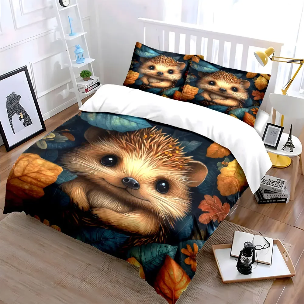 Autumn Hedgehog Decor Set Soft Comfortable Duvet Cover Bedding Set Included 1*Duvet Cover & 2*Pillowcases, gift