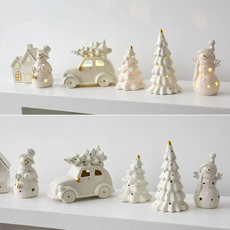

Nordic Ceramic Christmas Luminous Snowman Luminous Car Small Desktop Home Ornament Christmas Decoration Gift