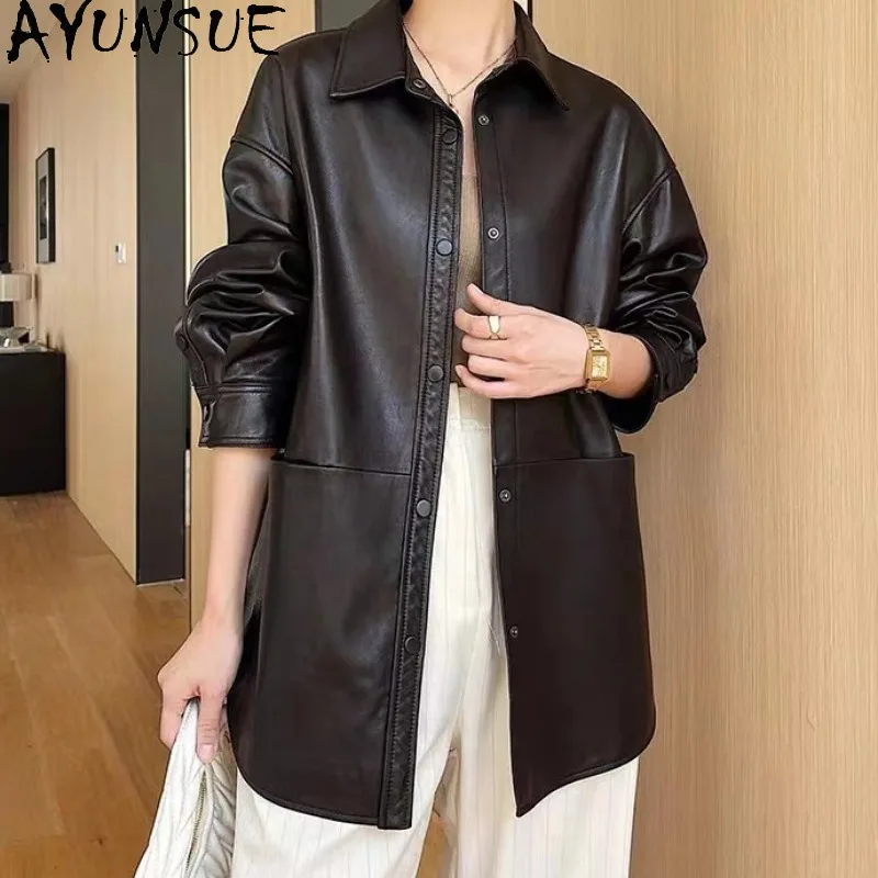 AYUNSUE Women's Real Leather Coat Vegetable-tanned Sheepskin Jackets for Woman Casual Loose Mid-length Jacket Woman Clothes