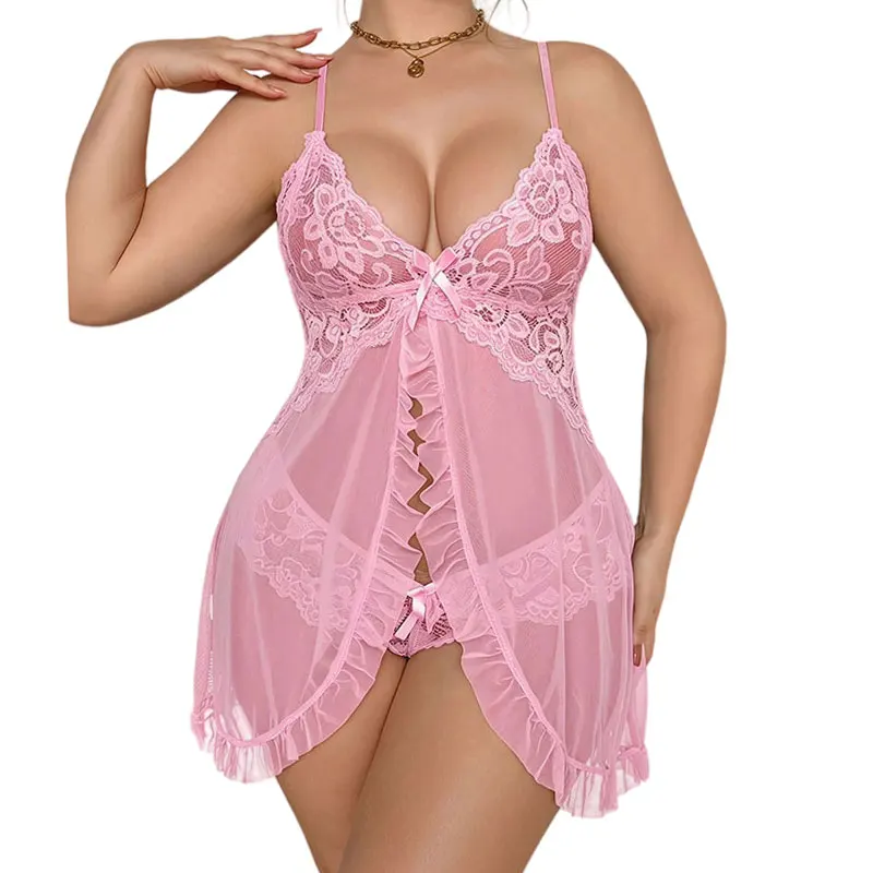 Rosa Süße Dessous Exquisites Set Sommer-Pyjamas Damen Sexy Unterwäsche Nachthemd Übergrößen BH-Slip-Sets Dünne Bügellose BHs
