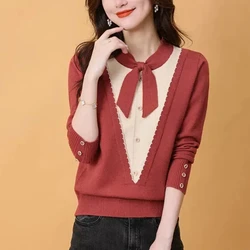 Elegant Spring and Autumn Women's 2024 New Style Spliced V-neck Button Fashion Contrast Color Slimming Long Sleeve Knitted Tops