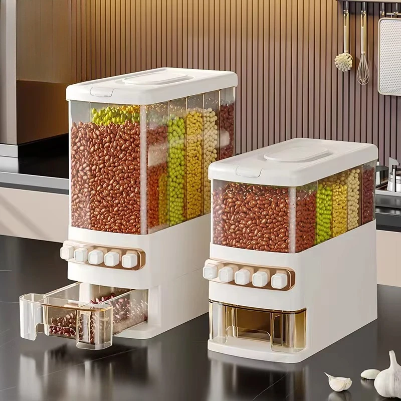 

Button Grain Dispenser Kitchen Grain Storage Container Insect Proof 5 Grid Grain Dispenser