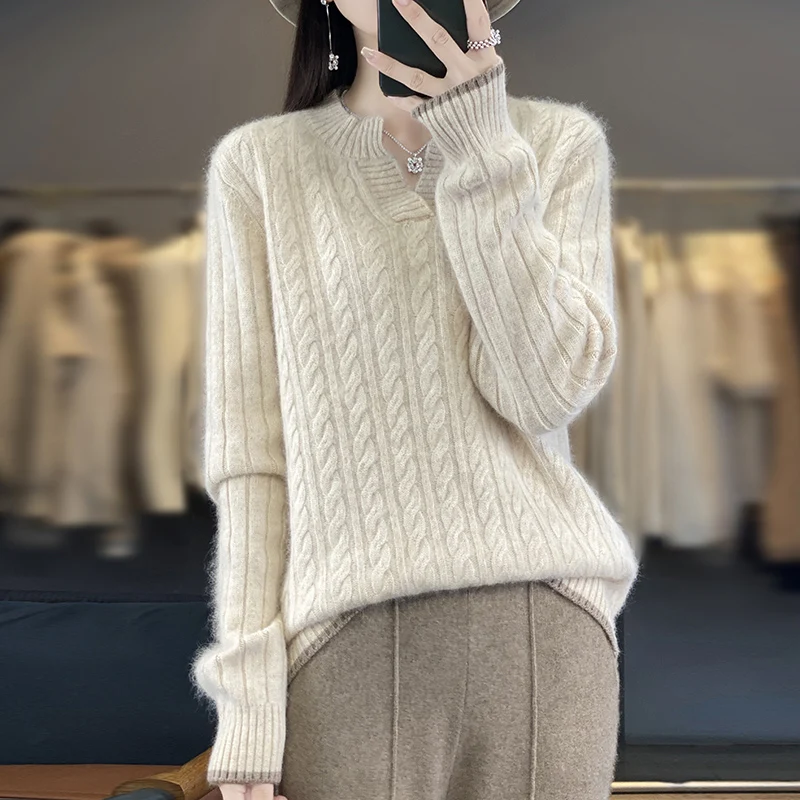 RONGNI brand 100% pure Mink Wool sweater, fashionable and minimalist, computer knitted O-neck, long sleeved women\'s new pullover