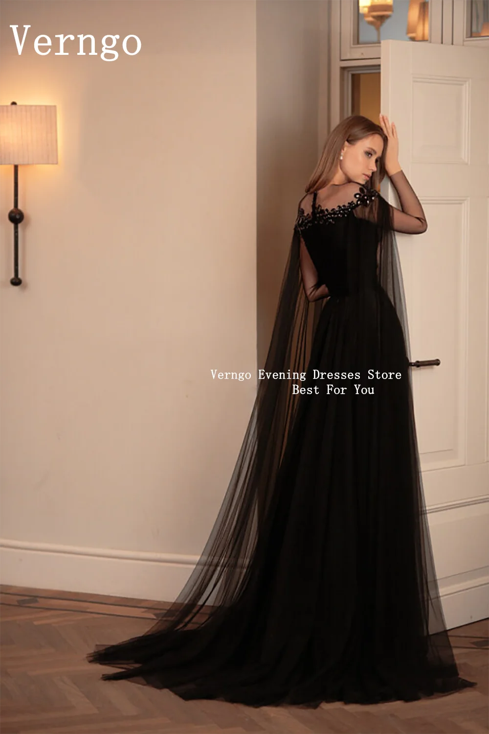 Verngo Black Tulle Prom Gowns Empress A Line Party Dress For Womne Crystal Elegant  Romantic Wedding Party Dress