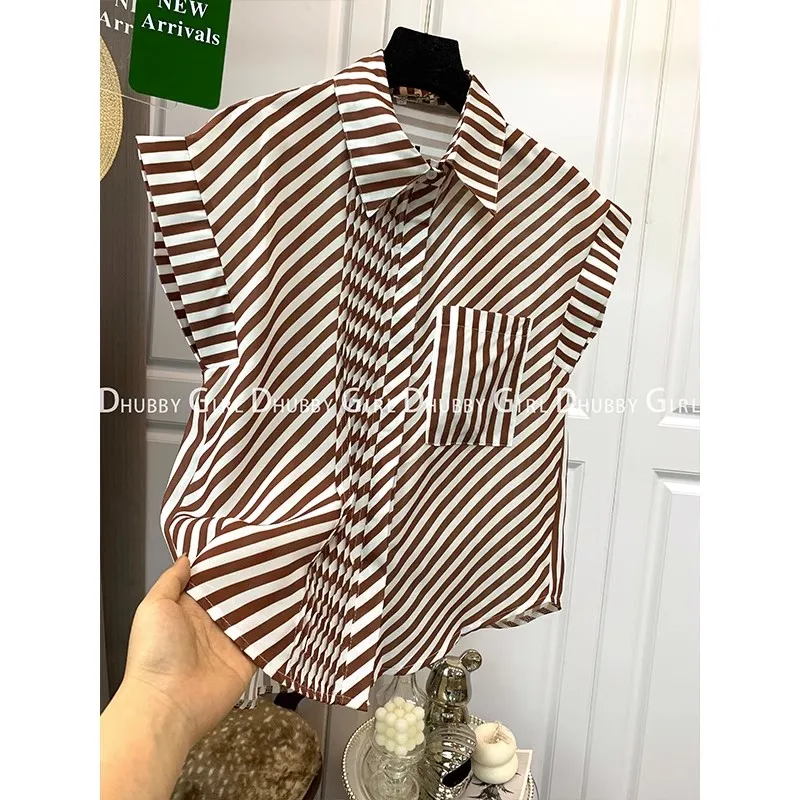 Summer New Stripe Polo Collar Batwing Sleeve Shirt 2023 Women Fashion Single Breasted Pockets Fashion Loose Tops