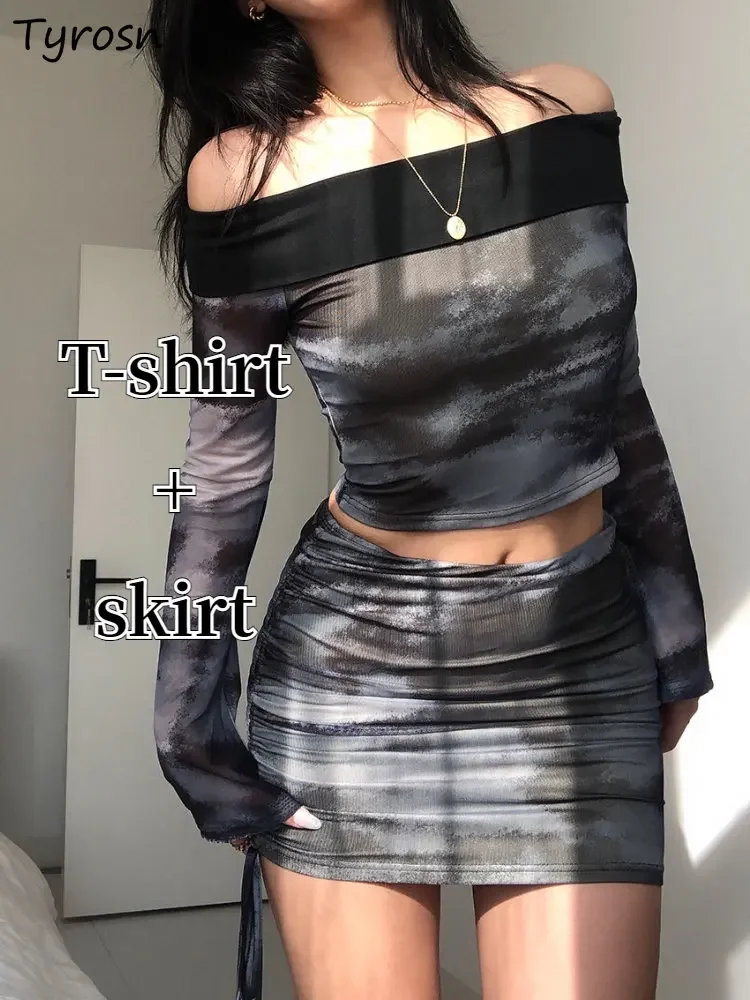 

Hotsweet Tie Dye Комплекты из 2 предметов Женские футболки с разрезом на шее Мини-юбки трапециевидной формы с гофрированным дизайном Сексуальные укороченные топы Элегантная женская мода