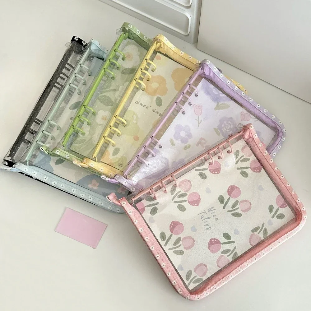 A5 Transparent 6 Holes Binder Clip Notebooks Cover Flower Loose Leaf Hand Book Cover Notebook Ring Binder  School Supplies