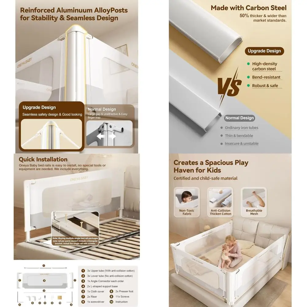 Height-Adjustable Toddler Bed Rail for Queen Size, Double Lock, Reinforced, White/Grey, 60L x 28H, 1-Side