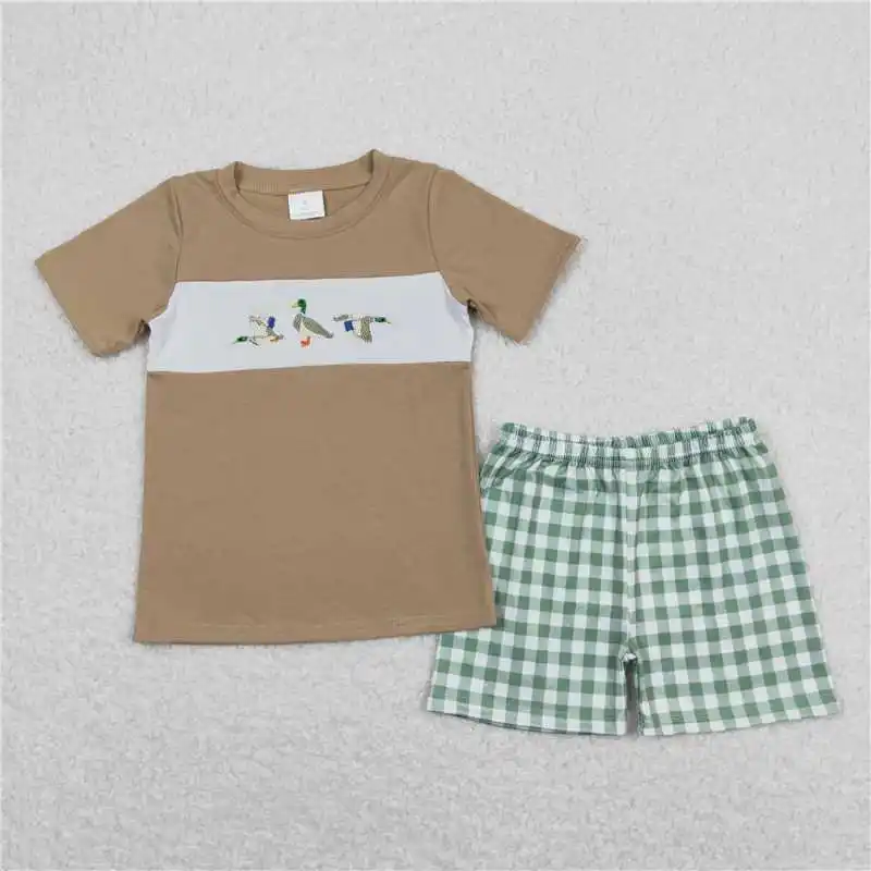 Cute Fashion Embroidered Duck Green White Plaid Brown Lace Suspender Shorts Set Baby Girls Boys Wholesale Match Clothes RTS