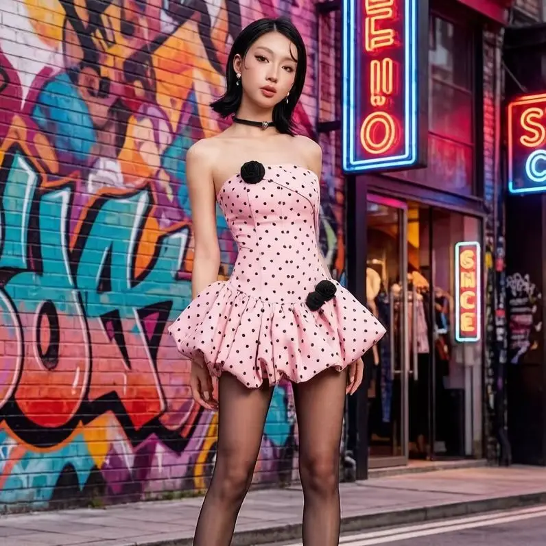 Lindo Vestido Mini con Estampado de Lunares Kawaii para Mujer, Vestido Corto Ajustado sin Tirantes con Corsé, Decoración de Flores 3D para Fiestas Y2K y Uso Diario