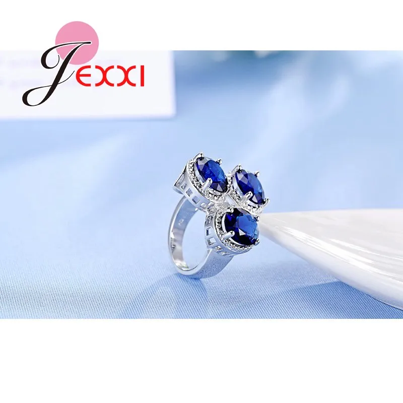 Fashion Elegant Three Blue Austrian Crystal Rings For Women 925 Sterling Silver Engagement Wedding Rings Bridal Jewelry