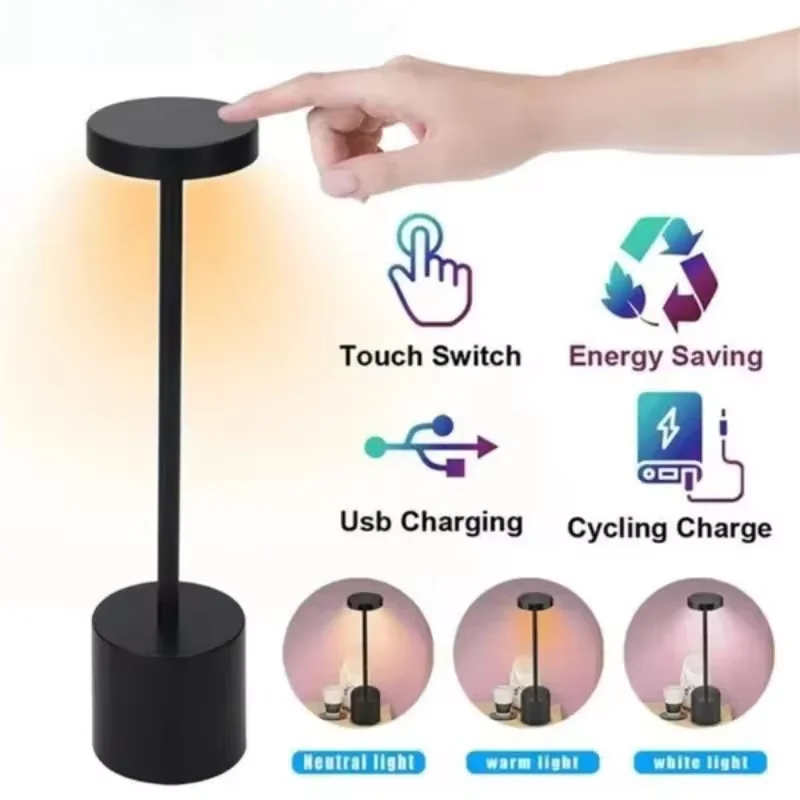 Lampada da tavolo classica Luce notturna ricaricabile USB Lampada da scrivania touch con regolazione continua Lampada da comodino a 3 colori Decorazione bar dell'hotel