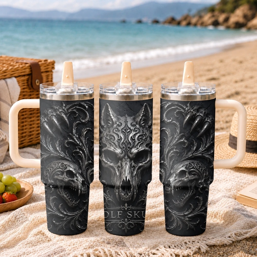 Cool Terrifying Silver Skull Vacuum Flasks 40oz Thermal Tumbler Handle Stainless Steel Insulated Water Portable Mug Cup