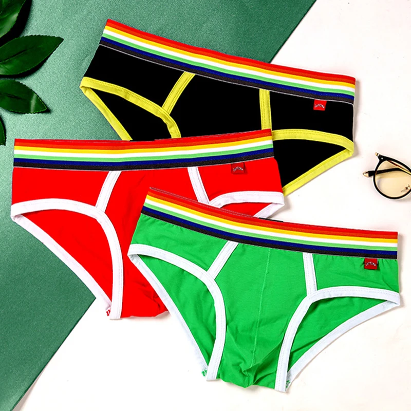 Sexy Herren Unterwäsche Regenbogen Gürtel Briefs Mode Baumwolle Höschen Jugend Atmungsaktive Unterwäsche Slips Niedriger Taille Unterhose Für Männer