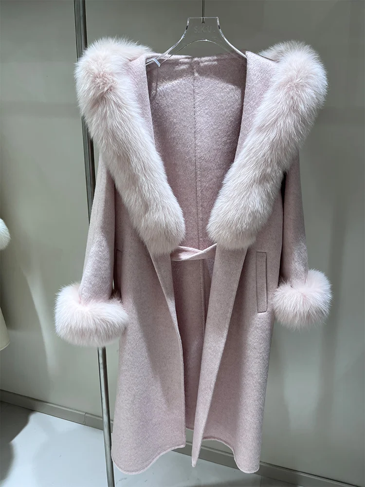 冬用レディース天然リアルフォックスファーカラーカフス付きジャケット 厚手暖かいアウターウェア ロングフード付きウールコート ルーズベルト付きストリートウェアジャケット