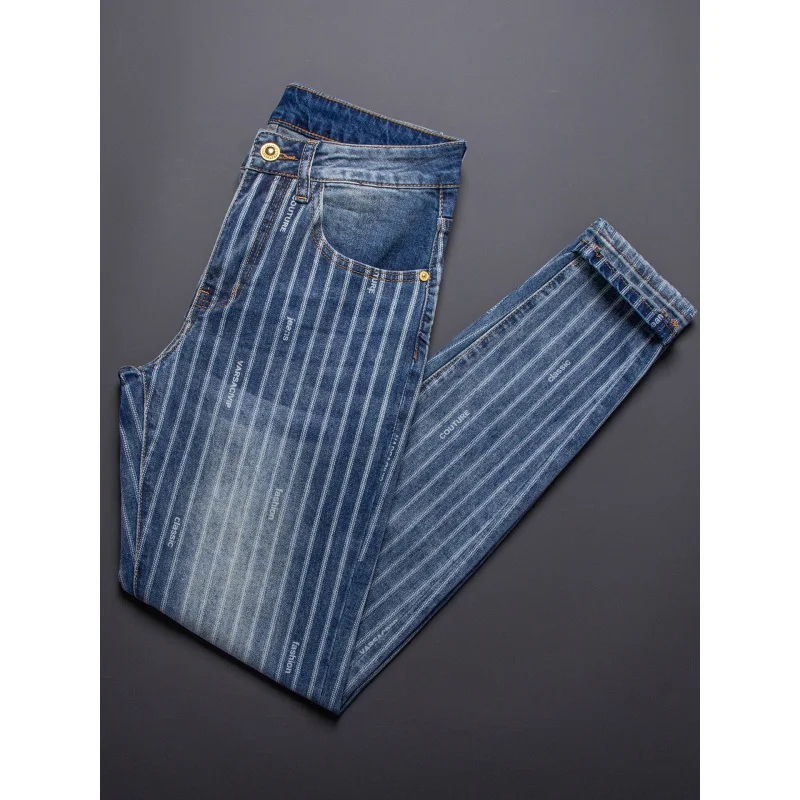 2025 New Men's Jeans Summer Thin Fashion Gentleman Stripe Printed Slim fit Small Foot Casual Pants