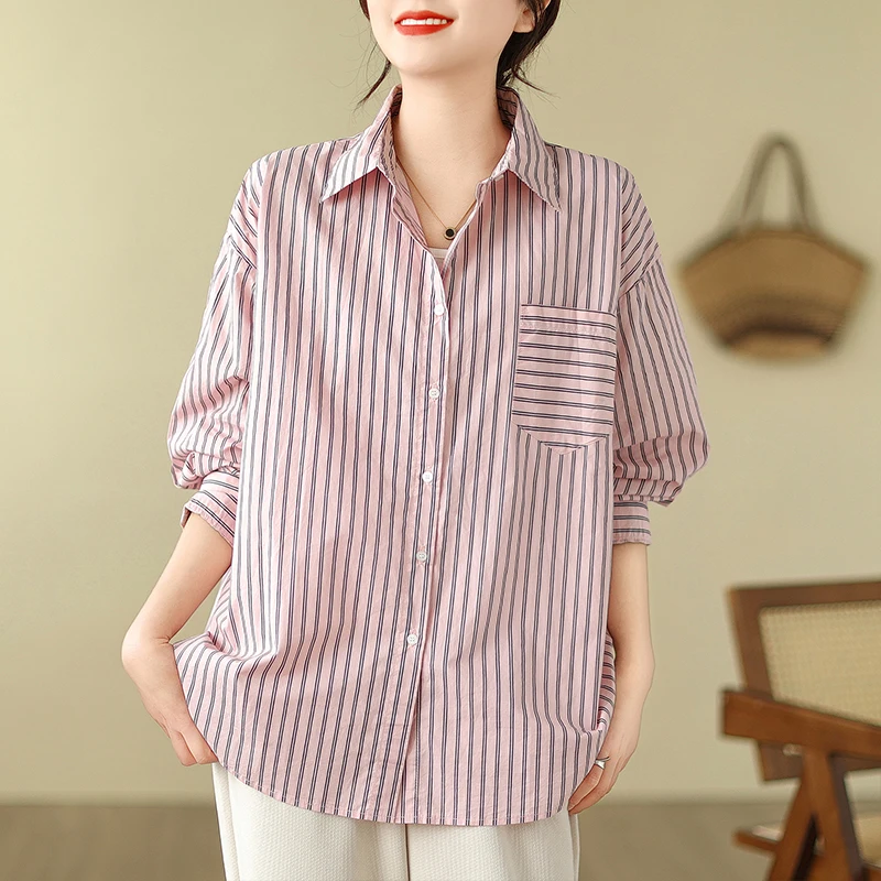 

Ele Striped Ne Long Sve Свободные женские повседневные утягивающие многослойные весенне-осенние хлопковые смеси Busin Casual