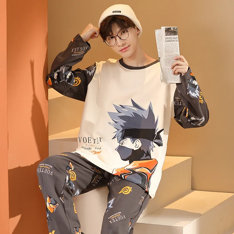 Naruto Naruto Spring and Autumn cotton pullover round neck men's pajamas new long-sleeved cartoon loungewear suit outer wear