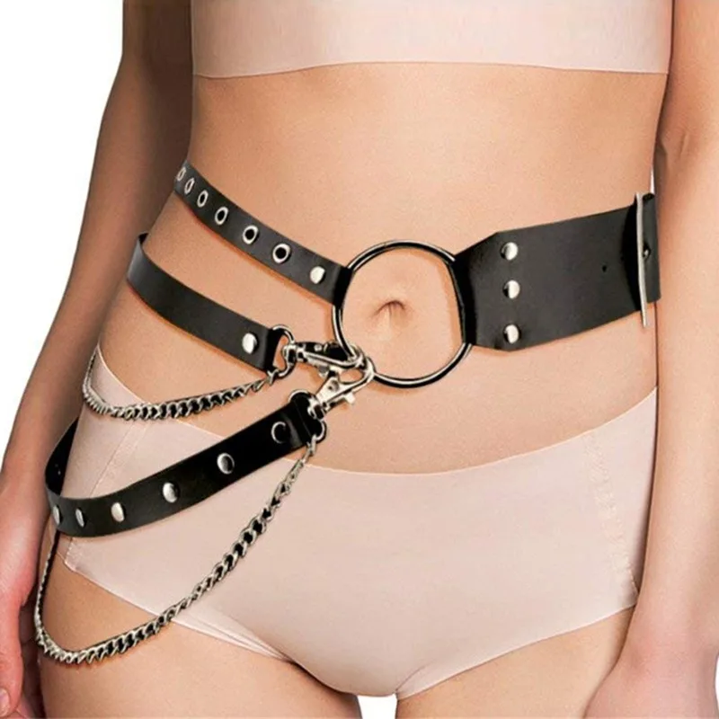 Women Gothic Punk Waist Belt Chain Metal Circle Ring Design Silver Pin Buckle PU Leather Black Waistband Jeans Waist Belts