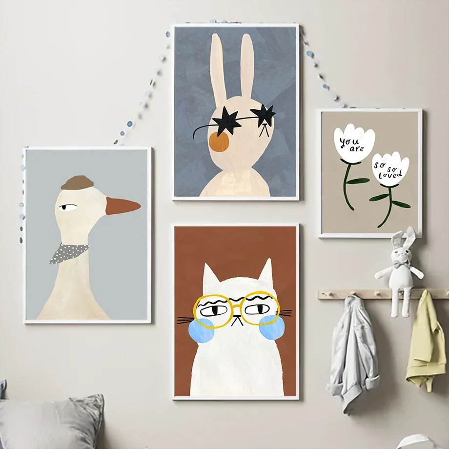 Cute Rabbit Cat Crocodile Goose Pear Nursery Wall Art Canvas Painting Boho Posters And Prints Wall Pictures Baby Kids Room Decor
