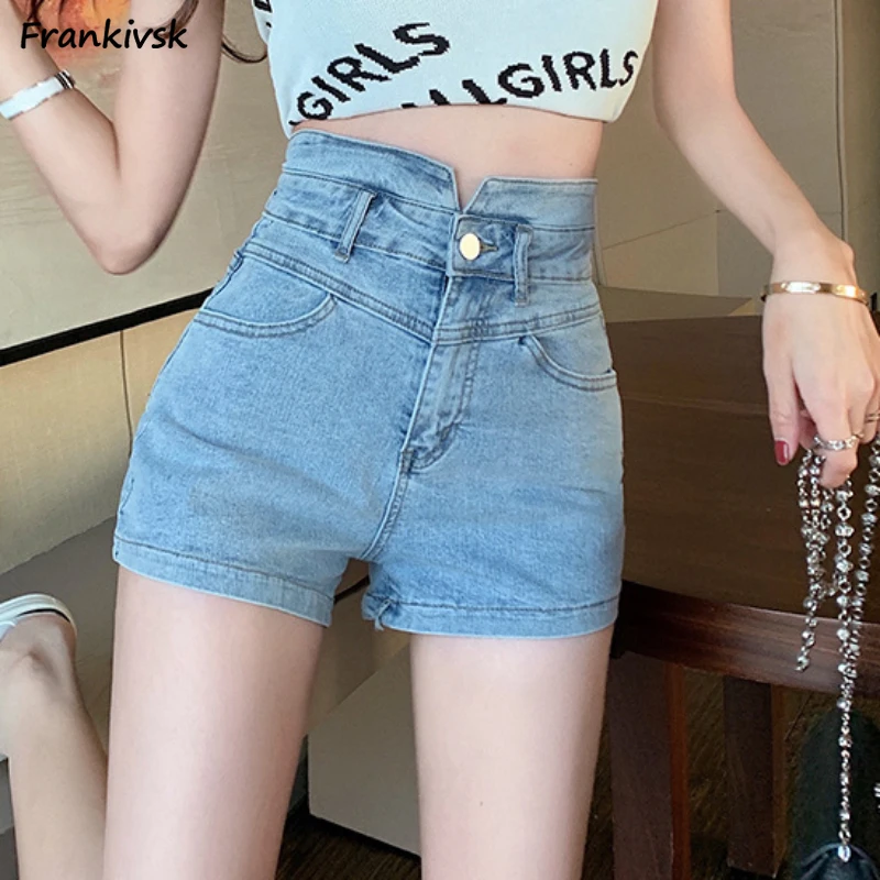 

High Waist Shorts Women Slim Above Knee Denim Washed Bleached Stretchy Korean Style Summer Simple Solid Sweet All-match