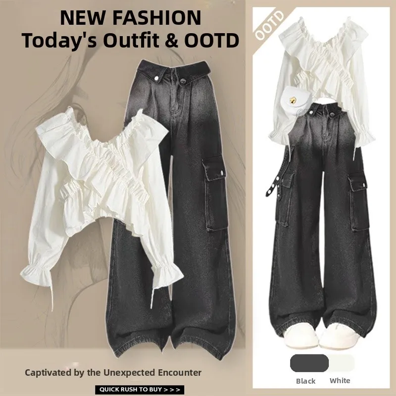 

Faionable Commute Ready ort Sve Long irt And High Waist Pants Set for Women Early Autumn White Slimming Workwear