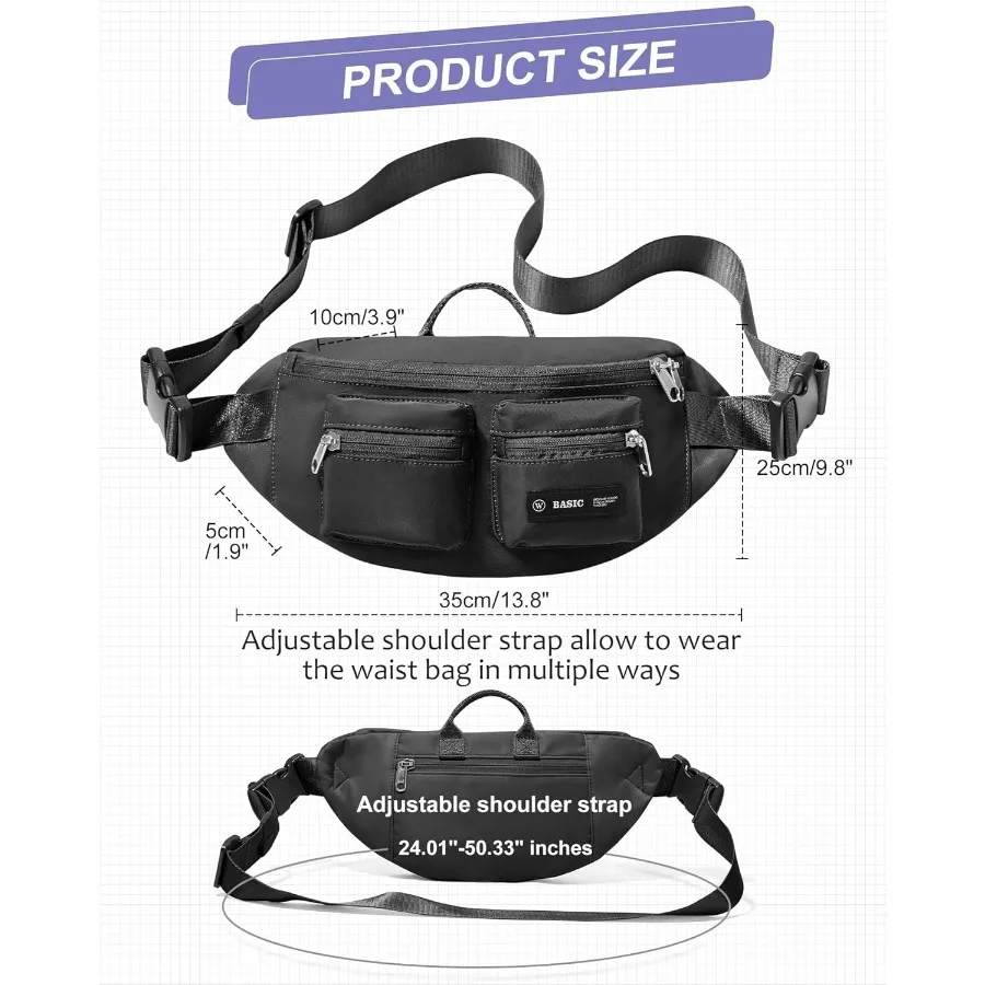 حقيبة حزام سوداء للنساء والرجال مع أوعية متعددة بسحاب مقاومة للماء وحقيبة خصر عصرية مع لو قابل للتعديل