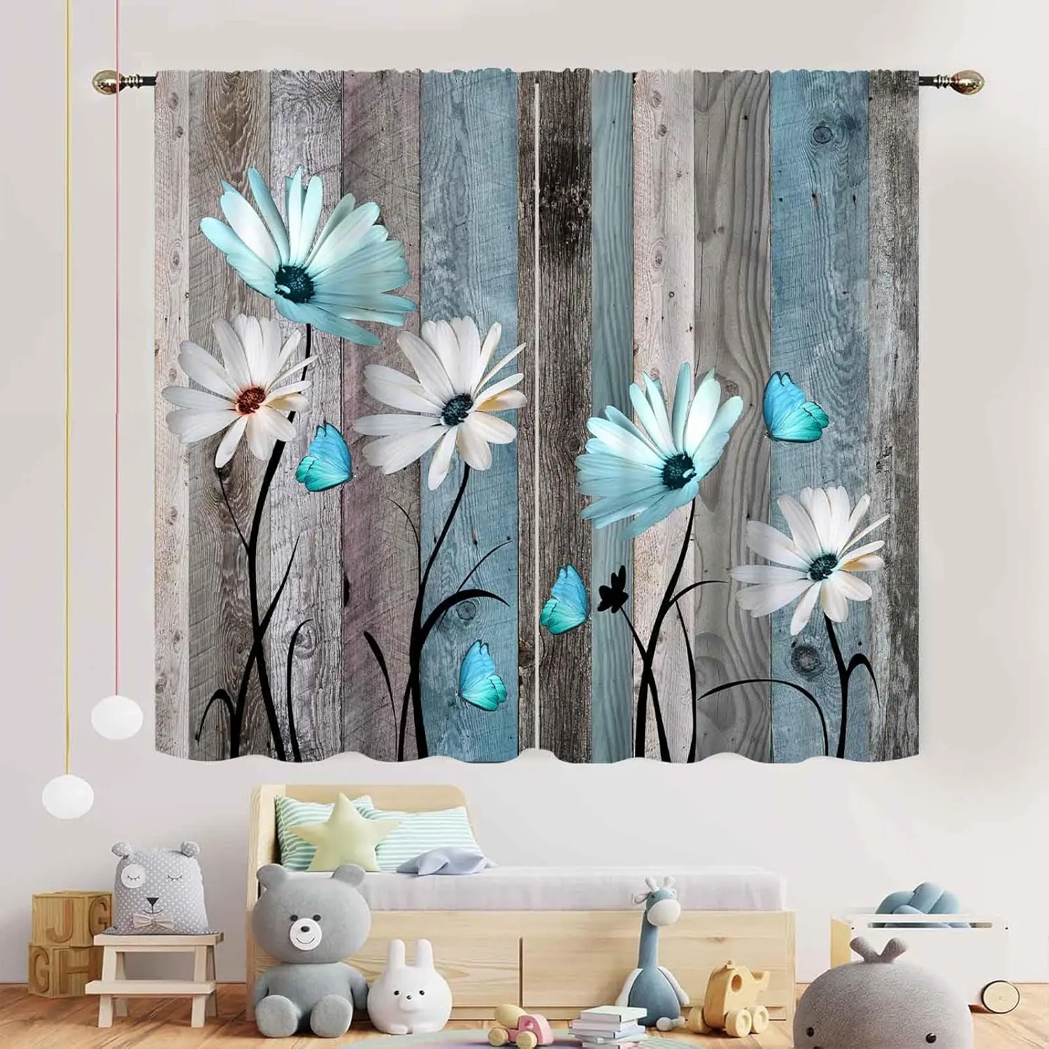 VIKAMA Vorhänge im Landhausstil mit Gänseblümchenmuster, Schmetterlings-Blumenmuster, Vorhänge im Landhausstil, für Wohnzimmer, Küche, dekorative Vorhänge, Heimdekoration