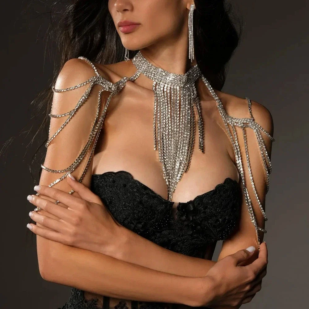 Sexy Multilayer Tassel Shoulder Chain Top Dress Clothing for Women Summer Jewelry Rhinestone Body Jewelry Lingerie Adjustable