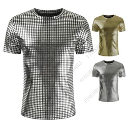 2023 Fashion Plaid Coated Metallic T Shirt Men Slim Short Sleeve T-shirts Men DJ Nightclub Stage Singer Prom Costume Homme