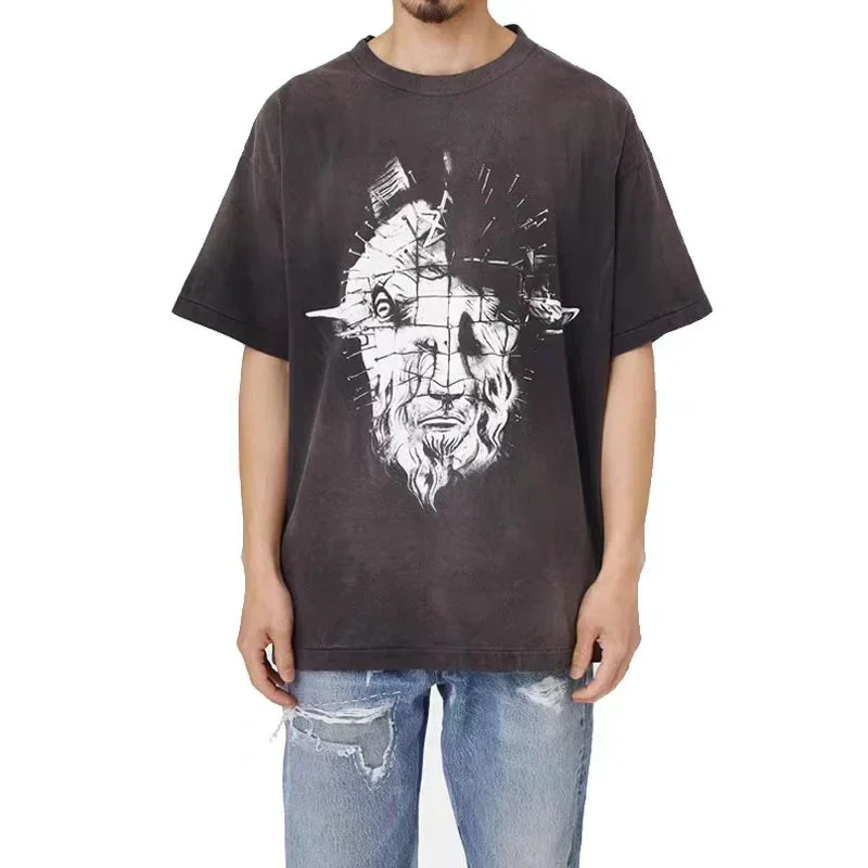 Ox Head Lion Face Printing SAINT T-shirt Men Woman High Quality Chaopai Vintage Casual Loose Wash Black Tops Tee