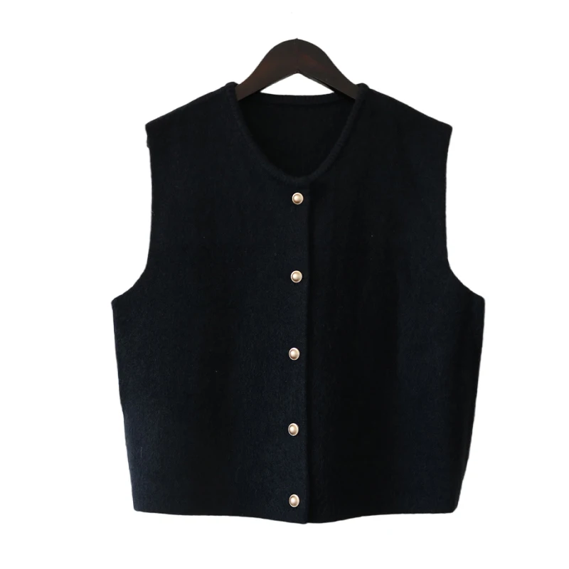 Knitted Vests Women Spring Autumn O-Neck Solid Color Loose Single Breasted Sleeveless Sweaters Waistcoats Fashion Basic Daily