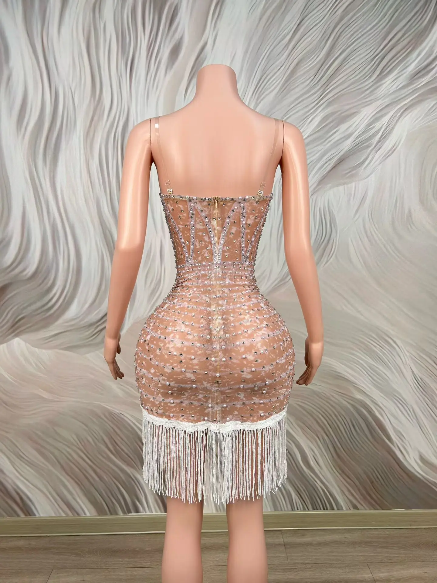 Chujiao Sparkly Sheer Mesh Ruched Mini Dress Thin Straps Deep V Rhinestone Pearl Decor White Fringe Hem Birthday Prom Gowns