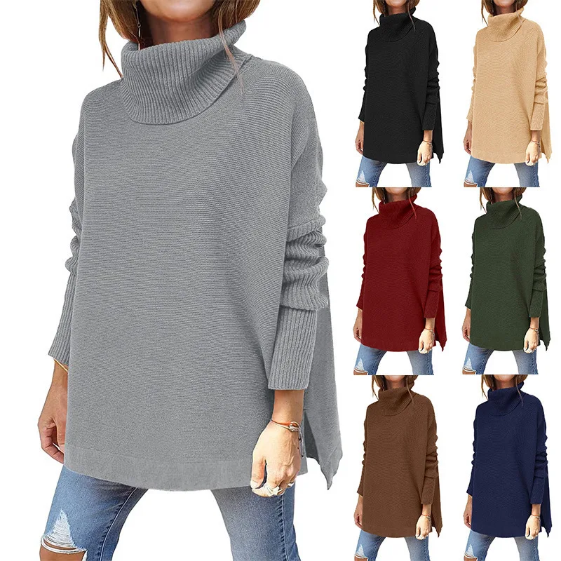 2024 Autumn Winter High Neck Sweater Mid Length Bat Sleeve Hem Tie Waist Pullover Sweater Knitted Women's