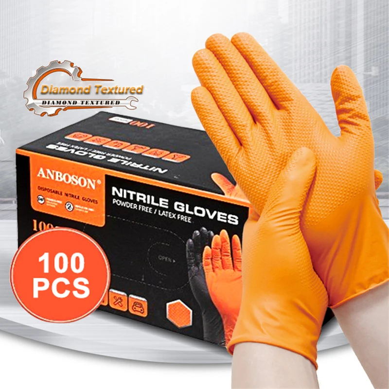 

Heavy Duty Diamond Textured Nitrile Gloves 100PCS 10mil Thickened Black/Orange Disposable Glove for Mechanics Tattoo Safety Work