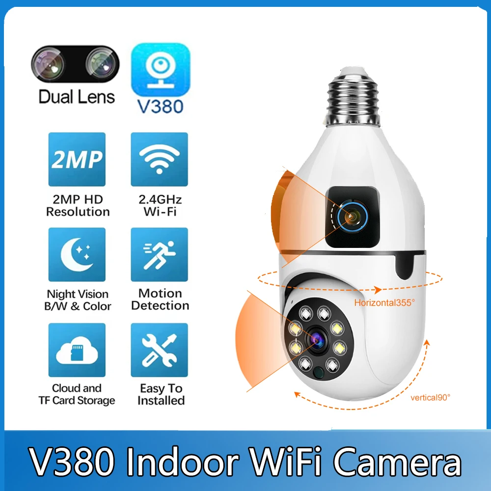 

Беспроводная камера видеонаблюдения V380 Pro с двойным объективом и лампочкой E27