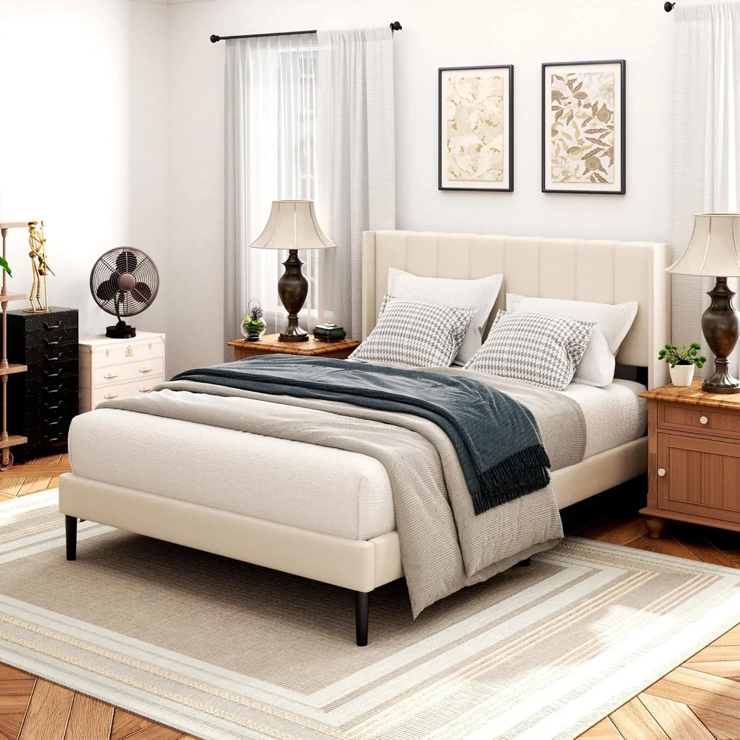 Queen Bed Frame with Headboard,Bed Frame Queen Size Vertical Channel Tufted Wingback No Box Spring Needed, Mattress Foundati